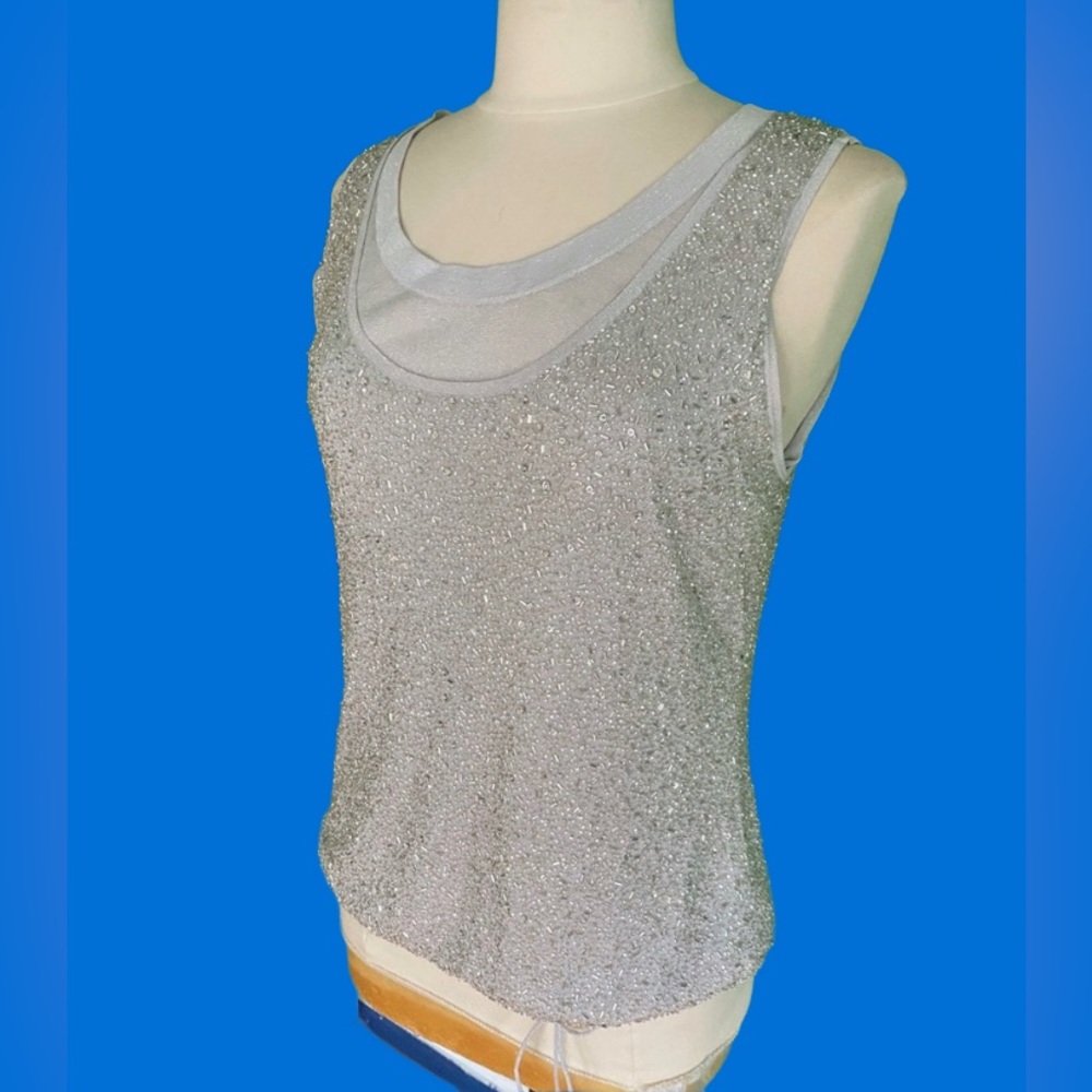 Escada Sleeveless Silver Beaded Knit Tank Top